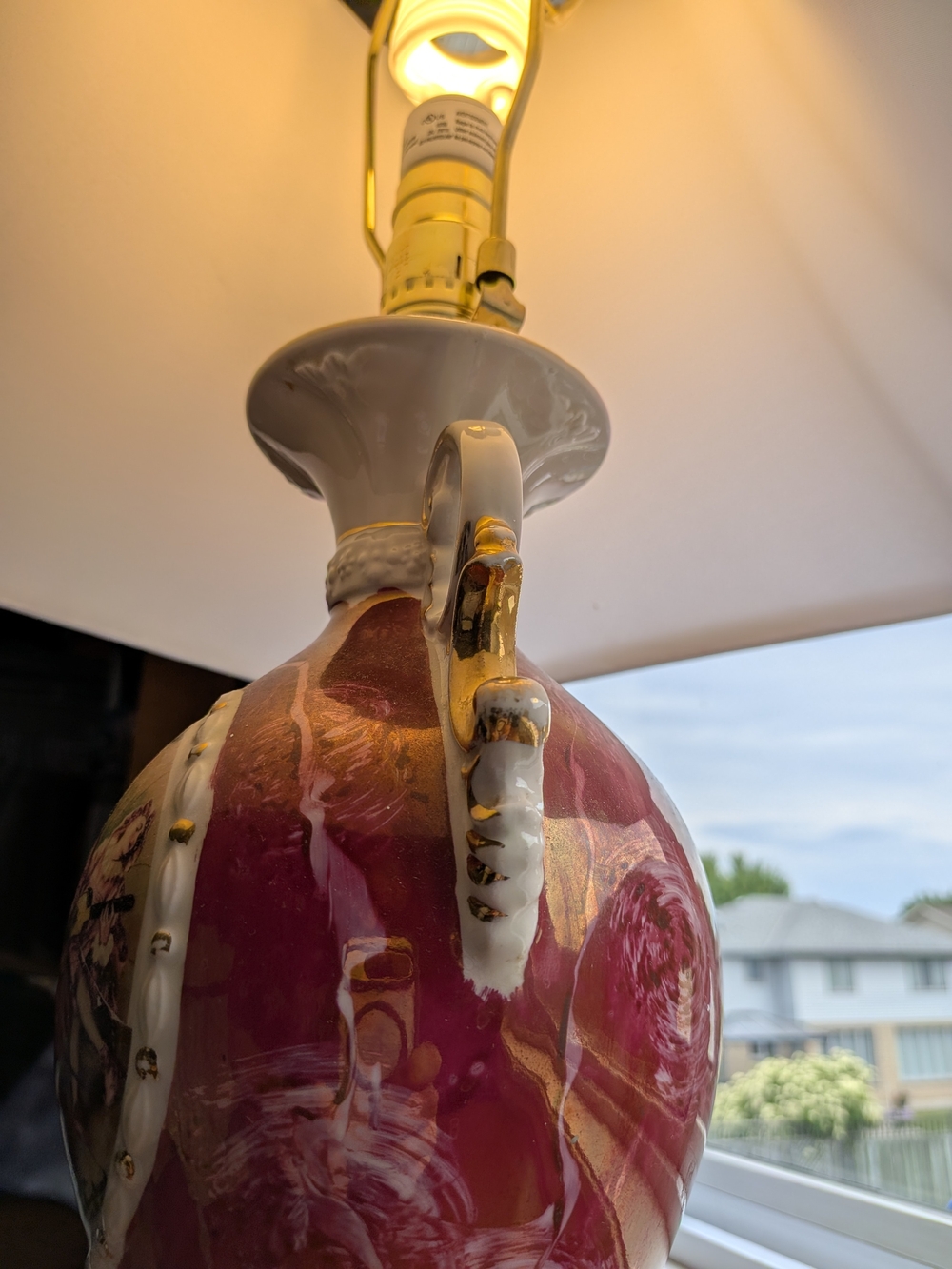 Mid-century Rococo Style Burgundy & Gold Porcelain Figural Urn Table Lamp - Picture 12 of 16
